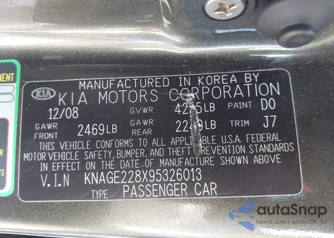 2009 Kia Optima Lx z USA, uszkodzony, nr VIN KNAGE228X95326013